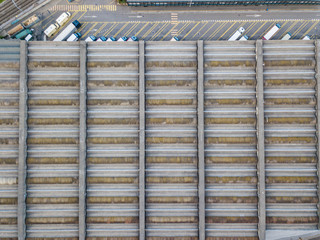 Aerial view of logistics center with trucks