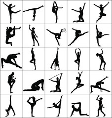 Large collection of ballet girl vector silhouette figure performance isolated on white background. Gymnastic woman. Rhythmic Gymnastics lady vector. Ballet dancer. Athlete woman in gym exercise.