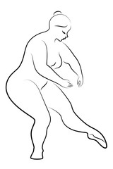 Silhouette of a cute lady, she is dancing ballet. A woman is overweight. The girl is full. Woman ballerina, gymnast. Makes a curtsy. Vector illustration