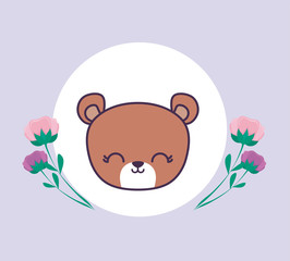 Obraz na płótnie Canvas head of cute bear in frame circular with flowers