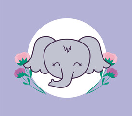 head of cute elephant in frame circular with flowers