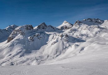 Winter landscape in St. Moritz (German: Sankt Moritz; Italian: San Maurizio), a resort town in the Engadine valley in Switzerland
