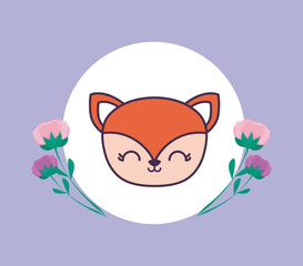 head of cute fox in frame circular with flowers