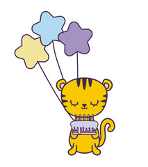 cute tiger with cake of birthday and balloons helium