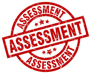 assessment round red grunge stamp