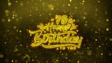 70th Happy Birthday Greetings card Abstract Blinking Golden Sparkles Glitter Firework Particle Looped Background. Gift, card, Invitation, Celebration, Events, Message, Holiday, Festival