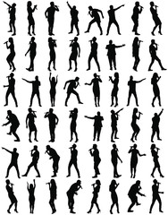 Popular singer super star vector silhouette isolated on white. Attractive music artists on stage big group. Singer woman, girl against public on concert event. Man sing karaoke. Rock and roll party.