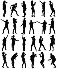 Popular singer super star vector silhouette isolated on white. Attractive music artists on stage big group. Singer woman, girl against public on concert event. Man sing karaoke. Rock and roll party.