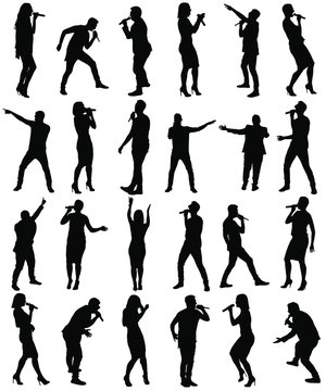 Popular singer super star vector silhouette isolated on white. Attractive music artists on stage big group. Singer woman, girl against public on concert event. Man sing karaoke. Rock and roll party.