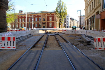 Baustelle zum Umbau der Straßenbahn in der Stadt Görlitz