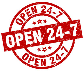 open 24 7 round red grunge stamp