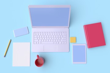 Workplace in the office. Table top view. Laptop, tablet and mobile phone on blue background. 3d rendering