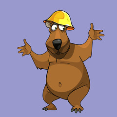 cartoon funny bear in a yellow helmet waved his hands