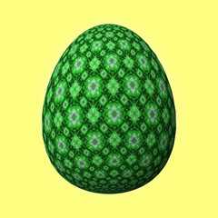 Happy Easter - Frohe Ostern, Artfully designed and colorful easter egg, 3D illustration on yellow background