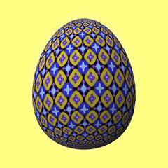 Happy Easter - Frohe Ostern, Artfully designed and colorful easter egg, 3D illustration on yellow background