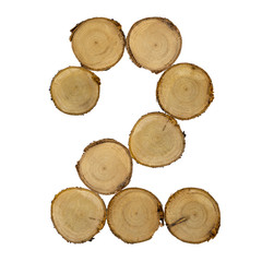 font of number 2 wooden stumps, white background isolated