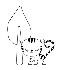 cute tiger animal with tree plant