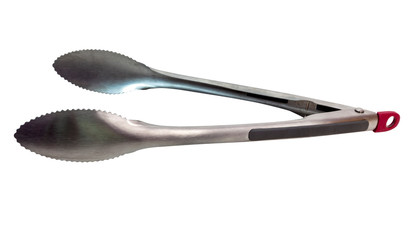 Locking metal stainless steel kitchen tongs.