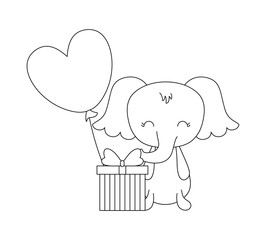 cute elephant with balloon helium and gift box