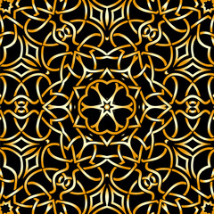 Vector Illustration of Beautiful Geometric Kaleidoscope  Abstract Seamless Pattern or Texture in Gold Color on Black Background for Interior / Exterior Works, Background, Backdrop, or Wallpaper.