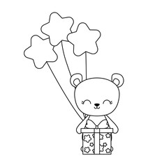 cute bear with gift box and balloons helium