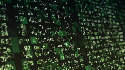 close up view of a computer screen with hexadecimal code, various glitches on text, concept of hacker attack or virus (3d render)