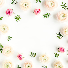 Fototapeta na wymiar Floral background frame made of pink ranunculus and roses flower buds on white background. Flat lay, top view floral background.