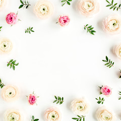 Obraz na płótnie Canvas Floral background frame made of pink ranunculus and roses flower buds on white background. Flat lay, top view floral background.