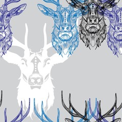 Seamless pattern with deers. Doodling, mandala. Drawing manually. Stylish background. Big horns, noble animal.