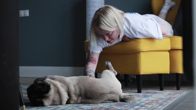 Young woman pet her dog sitting on the chair. Scene of love and care.