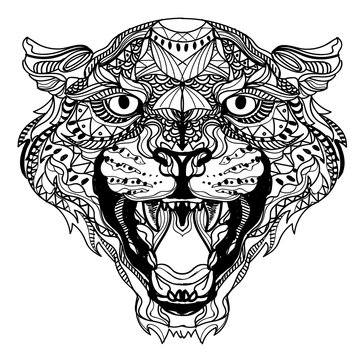 Leopard coloring. Meditation, coloring of the mandala. Head of a leopard with open mouth and canines. Drawing by hand, patterns.