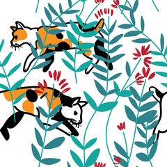 Seamless pattern with cats. Short-tailed cats in flowers. Japanese Bobtail. Stylish children's pattern. Youth, summer.