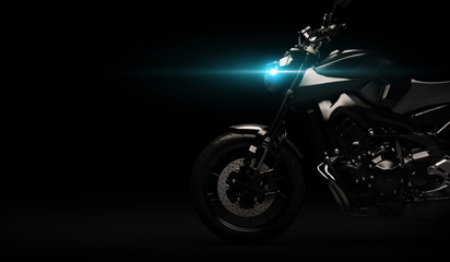 Fototapeta na wymiar Black motorcycle detail part on dark background - 3D render