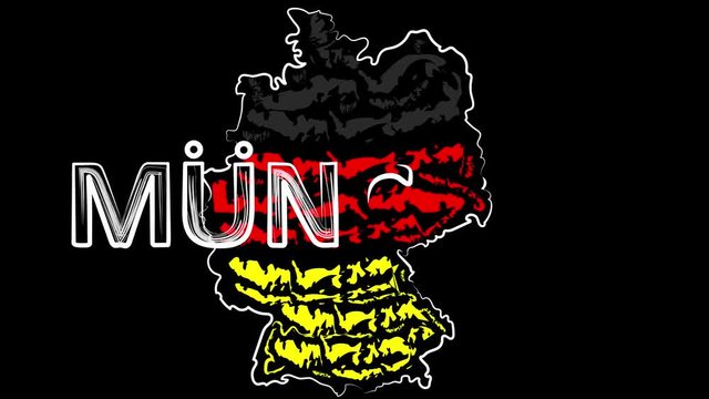 Animation. Germany. Munich. The name of the city on the background of outlines. Coloring the map of the country in the colors of the flag.