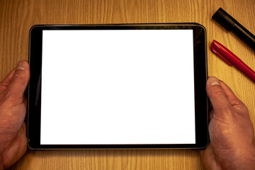 Design business concept Empty copy text for Web banners promotional material mock up template. Man hold holding table with ideas words white screen black red pens wooden