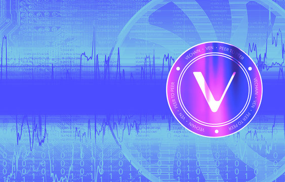 Vechain (VEN) digital crypto currency. Сoin on the background of stock indexes. Cyber money.
