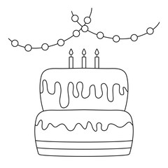 sweet cake of birthday with garlands hanging