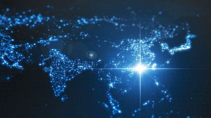 power of china, energy beam on Hong Kong. dark map with illuminated cities and human density areas. 3d illustration