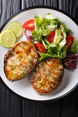 fried sturgeon steaks served with fresh vegetable salad close-up on a plate. Vertical top view