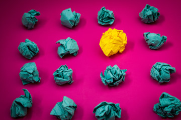 Design business Empty copy space text for Ad website promotion isolated Banner template. White letters pink background batch crumpled blue paper ball one yellow