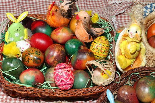 The Easter eggs painted in traditional Bulgarian style on the handmade felt mat. Easter eggs painted with Bulgarian traditional symbols