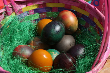 The Easter eggs painted in traditional Bulgarian style on the handmade felt mat. Easter eggs painted with Bulgarian traditional symbols