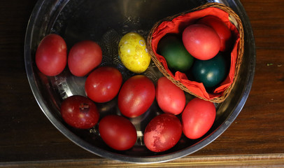 The Easter eggs painted in traditional Bulgarian style on the handmade felt mat. Easter eggs painted with Bulgarian traditional symbols