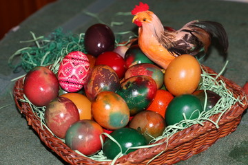 The Easter eggs painted in traditional Bulgarian style on the handmade felt mat. Easter eggs painted with Bulgarian traditional symbols