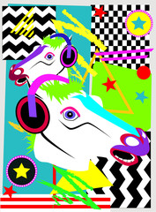 Abstract background with horse heads and headphones beats, music pop art neon background 