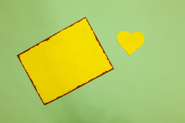 Business Empty template for Layout for invitation greeting card promotion poster voucher. Yellow piece paper reminder heart roanalysistic messages green background