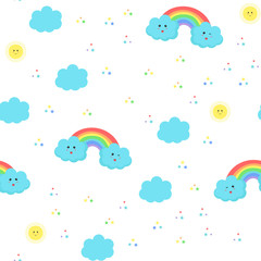Vector kids pattern with cute clouds, rainbows, sun and stars.