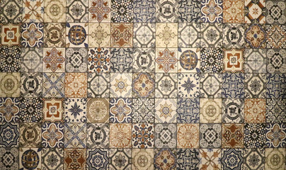 Checkered traditional European ceramic mosaic tile background pattern. Architectural mosaic detail,...
