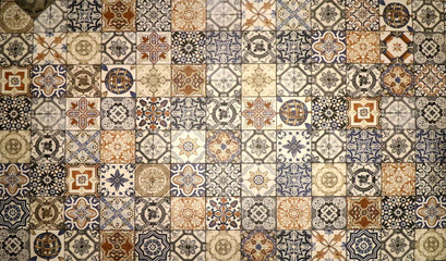 Checkered traditional European ceramic mosaic tile background pattern. Architectural mosaic detail,...