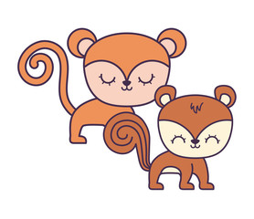 cute monkey with chipmunk animals isolated icon